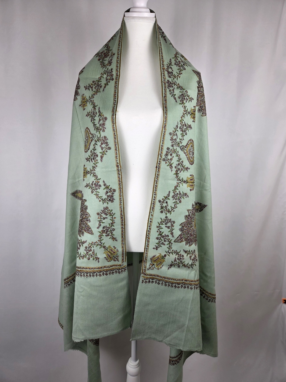 Kashmiri Sozni Hand-Embroidered Pashmina Shawl – Sage Green Floral Wrap - Picture 2 of 11